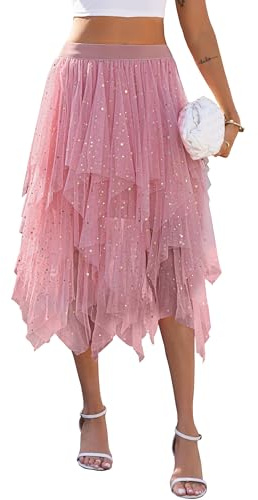 Lovasy Jupe Tulle Femme Paillette Robe Longue Tutu Irrégulier Superposée Jupes Plissée A-Line Elastique Taille Jupe Tutu Midi Noir Rose pour Carnaval Halloween Daily Prom Party Thé