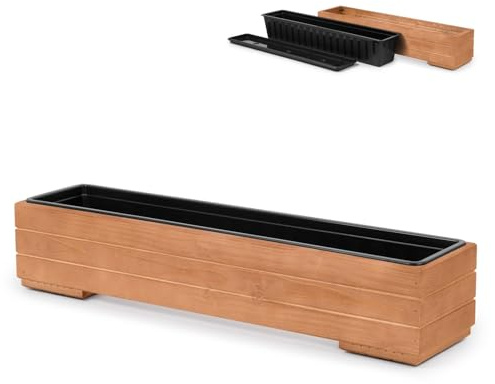 alfalux Blumentopf Outdoor Holz - Pflanzkübel Übertopf - Mit Einsatz und Untersetzer - 82 x 19,5 x 17 H cm 14 L Braun 82DES1917NU