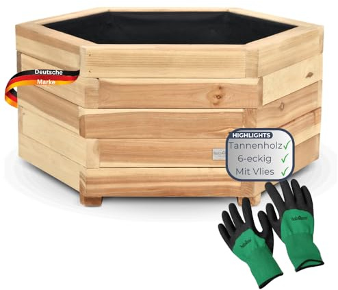 DELUKE Pflanzkasten Holz 6-eckig Micha - Inkl. Vlies und Handschuhe | Pflanzkübel Tannenholz Blumenkasten Blumenkübel Blumentopf Terrasse, 54,5cm Breit