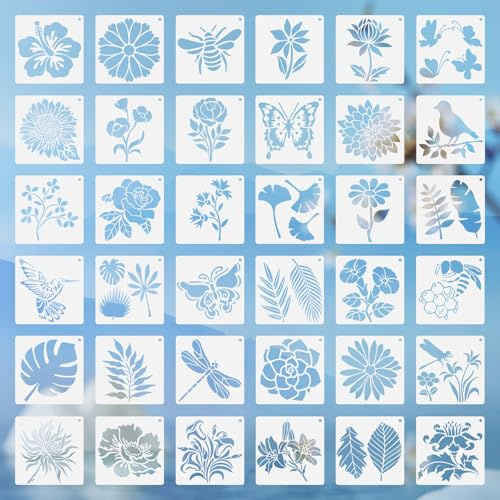 SEWACC Pochoirs à Dessiner en Bois Réutilisables 36 Pièces – Motifs Fleurs, Oiseaux et Abeilles – Modèles de Peinture pour Tableau, Tissu et Bois – Fourniture Créative DIY Arts