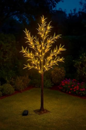 Homme Concept - 4ft Solar Powered LED Olive Tree with Metal base and pegs, Artificial Trees Outdoor, Solar Garden Ornaments, Solar lights Outdoor, Garden Decoration Pathway Lights. (Olive Green)