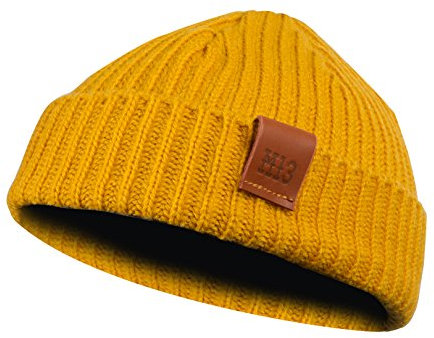 Fishermans Beanie - Mütze, Fischermütze, Strickmütze mit Echt-Leder Veredelung (Manufaktur13/M13) (Mustard/Gelb)
