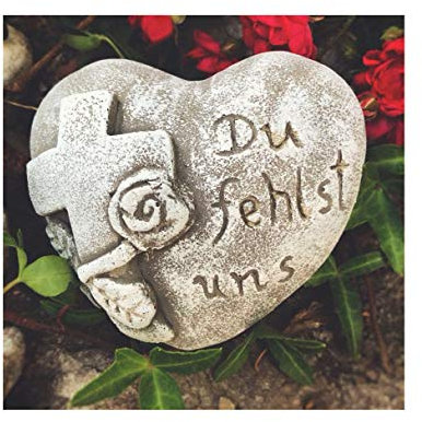 Radami Grabherz mit Spruch - Du fehlst uns - Grabschmuck Dekoherz Steinguss Herz m. Kreuz 07