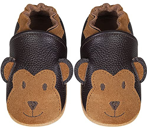 IceUnicorn Krabbelschuhe Baby Lauflernschuhe Jungen Mädchen Weicher Leder Babyhausschuhe Kleinkind Rutschfeste Lederschuhe Baby(Brauner AFFE, 12-18 Monate)