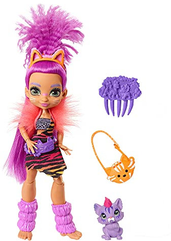 Cave Club Bambola Preistorica Roaralai da 25.4 cm, Capelli Viola, con Dinosauro e Accessori, Giocattolo per Bambini 4+Anni, GNL84
