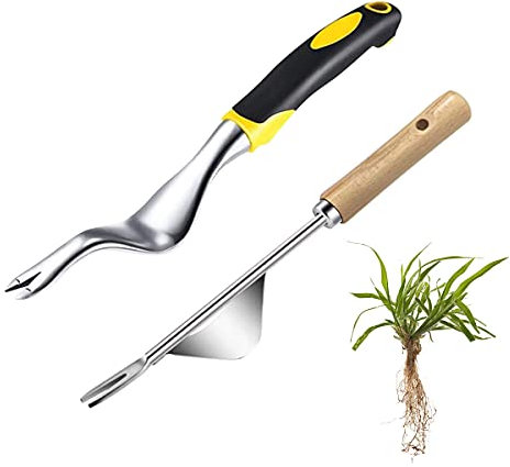 BoloShine 2 Piezas Extractor de Maleza de Acero Inoxidable, Weeder de Mano de Jardín Eliminar Malas Hierbas Extractor Quita Desherbador Manual Escardador con Mango de Madera para Jardín Deshierbe