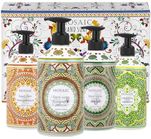 Mosaik Flüssigseife Handseife / Handwäsche Geschenkset, ideales Bad Handseife und Küche Handseife Set, Olivenöl + Kokos & Hibiskus + Gardenie + Orangenblüte, 4 x 727,5 ml je Flüssigseifenflasche