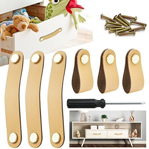 QUCUMER 6 Stücke Möbelgriffe Schrankgriffe Leder 140mm Handgemachte Lederschlaufe Griffe mit Schraubendreher Zubehör Leder Knopf Möbel Schubladengriff Schrankknöpfe Ledergriffe für Möbel Schrankfach