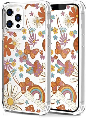 CAROKI Clear Case for iPhone 12 Pro Max,Shockproof Transparent Bumper Cover Soft Silicone Rubber TPU Bumper Clear Cover Phone Case with Leaf Pattern for iPhone 12 Pro Max-Rainbow Butterfly