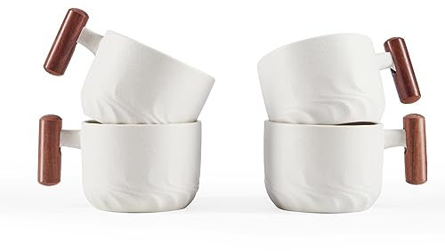 CLASGLAZ 170ml Ceramic Espresso Cups with Wooden Handle, Small Coffee Cups for Latte Cappuccino, Tea Cups Set of 4