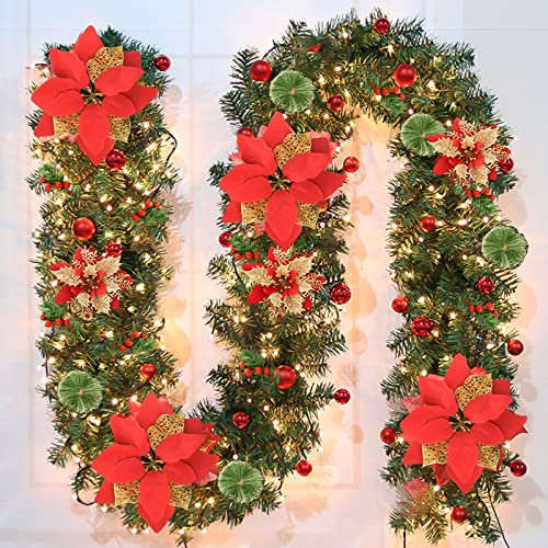 NUZEKY Guirnalda de Navidad con iluminación LED, 2,7 m/9 pies, Guirnalda de Abeto para Puerta de casa, Artificial, decoración de Navidad, Guirnalda Exterior para escaleras, Guirnalda de Bodas