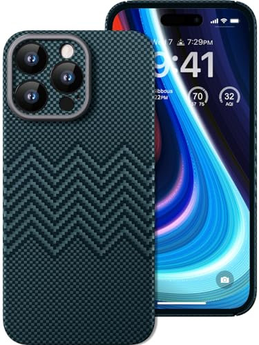 memumi para iPhone 15 Pro Funda Fibra Carbono con Textura Ondulada, Resistente y Duradera Funda de Fibra de Aramida de 0.5 mm Slim Fit para iPhone 15 Pro Fiber Case, Serie Dream Azul Ondulado