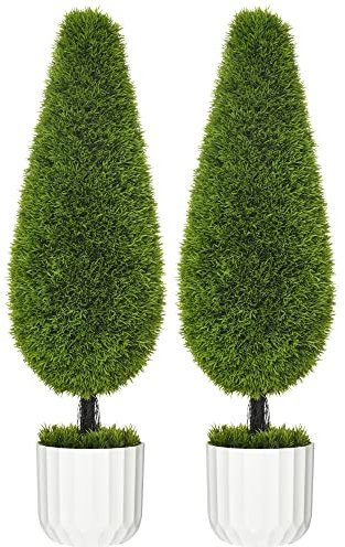 HOMCOM Set 2 Piante Finte per Interni, Cipresso Finto, Vasi da Ø12x16 cm, Muschio e Cemento, Piante Artificiali Realistiche da 90 cm in PE e Plastica, Verde e Bianco