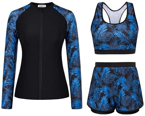 JASAMBAC Long Sleeve Bathing Costume,Swimming Costume Women, Tummy Control Swimwear Rash Guard Swimsuit UPF 50+ Bikini Top & High Waist Boyshorts Zipper Modest Swimwear Bathing Suit Soft Surf Suit