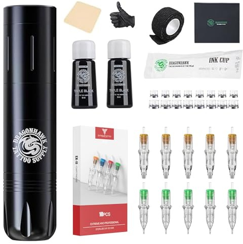 Dragonhawk X3 Pro Tattoo Wireless Gun Pen Machine Kit, Rca Jack Battery Power Supply, 10 Cartridges Needles, Tattoo Kit for Beginner