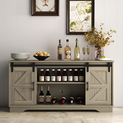 Panana Wooden Sideboard Kitchen Cabinet Storage Cupboard with 2 Sliding Barn Doors TV Stand Farmhouse Style for Living Room (Natural)