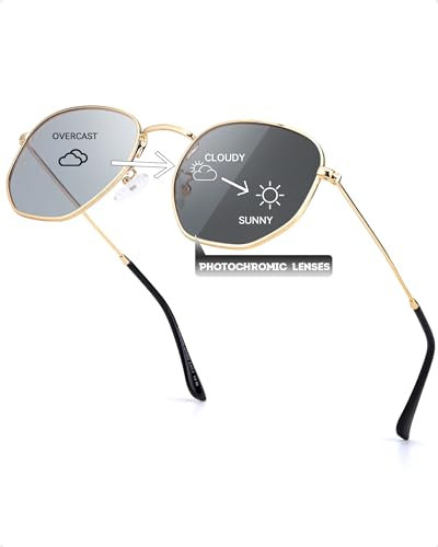 TJUTR Selbsttönend Sonnenbrille Herren Polarisiert Photochrome Brille UV400 Schutz Blendfrei Ultraleicht und Stylisch Sechseck Metallrahmen