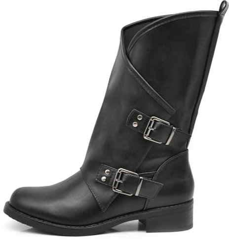 IF Fashion Scarpe da Donna Stivali Stivaletti Biker Fibbie Anfibi Polpaccio Largo YY-58 Nero 38