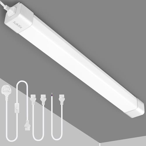 luktix LED Batten Light 2FT | 18W Linkable Fluorescent Light 6000K White| IP66 LED Tube Lights | Shed Light, Workshop and Garage Lighting | Plug in Ceiling Light Strip