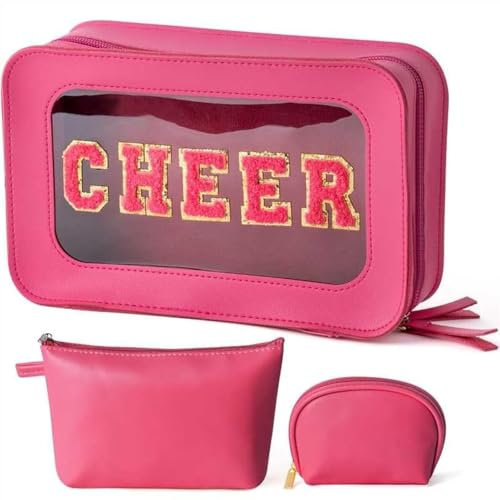 Y1tvei Cheer Clear Kosmetiktasche - 3er Set CHEER Chenille Aufnäher Transparent Make-up Bag mit Muschelförmige Tasche, Reise-Toilettenbeutel Waterproof Organizer für Frauen Mädchen Geschenk (Rose Rot)