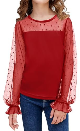 Arshiner Girls Long Sleeve Top Chiffon Kids Lantern Sleeves T-Shirts Round Neck Fashion Casual Shirt Elegant Spring Fall Winter Tee Shirt for Girls 10-11 Years Dark red