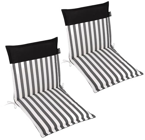 LILENO HOME Gartenstuhl Auflagen als [2er Set - Niedriglehner] in Streifen Schwarz - Uni Schwarz - Bequeme Liegen als Sitzauflagen für Gartenmöbel - Stuhlkissen für Gartenstühle Malt