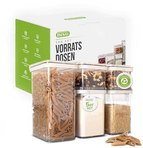 bevo - 5er Set Vorratsdosen Küche aus PET mit Deckel für Lebensmittel - Vorratsbehälter & Aufbewahrungsbox BPA-frei, luftdicht - Boxen zur Aufbewahrung & Organisation von Müsli, Mehl, Nudeln & Reis