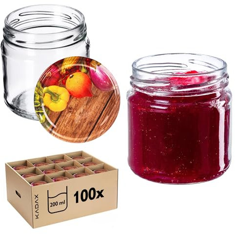 KADAX Lot de 100 petits pots pour conserves de 200 ml, fi66 mm, mini pots à miel et épices, bocaux hermétiques, bocaux à conserves, bocaux ronds (poivrons, lot de 100)