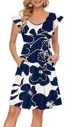PLOKNRD Sommerkleid Damen V-Ausschnitt Midi Kleider mit Taschen Knielang Blütenblättern Kurzarm Freizeit Strandkleider Weiße Blaue Blume L
