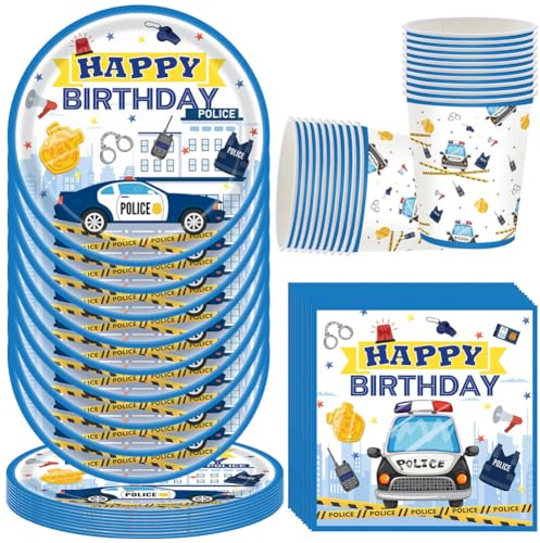 HGSHUO Polizeiauto Partygeschirr Kindergeburtstag Deko Polizei Geburtstag Party Geschirr Becher Pappteller Servietten Happy Birthday Partygeschirr Geburtstagsparty Tischdeko Set 20 Gäste