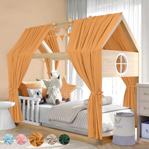 Alishomtll Hausbett Himmel Deko Set, 2 Betthimmel Hausbett aus 100% Baumwolle Musselin, 1 Wimpelkette 300cm, Kinderbett Baldachin Stoffhimmel für Mädchen Jungen Kinderzimmer, 67x270cm Senfgelb
