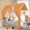Alishomtll Hausbett Himmel Deko Set, 2 Betthimmel Hausbett aus 100% Baumwolle Musselin, 1 Wimpelkette 300cm, Kinderbett Baldachin Stoffhimmel für Mädchen Jungen Kinderzimmer, 67x270cm Senfgelb