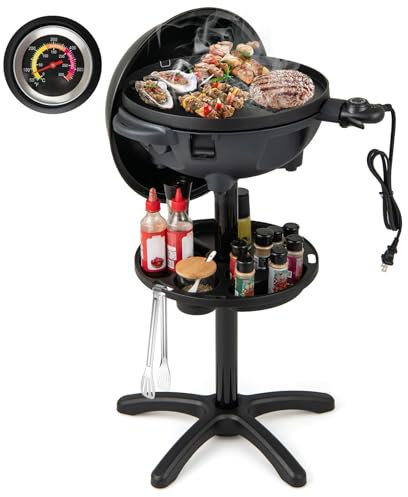 COSTWAY 2 in 1 Barbecue Elettrico 1200W in Aluminio con Coperchio a Termometro, Barbecue da Tavolo con Mensola e Piedistalli, Griglia con Piastra Antiaderente per Interni ed Esterni, 63 x 63 x 100 cm