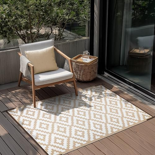 Green Decore Reversible Recycled Plastic Camping and Picnic Rugs | Perfect for Garden, Patio, Picnic, Decking | Stain And Water Resistant | Bliss Beige/White 120 x 180 cm