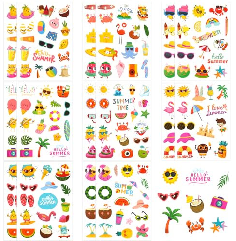 262 Stück Sommer Sticker Kinder, 16 Blatt Sticker Urlaub,Cartoon Aufkleber Kinder, Pool Ananas Sonne Bunte Hawaii Strandaufkleber, für Sammelalben Skateboard Kühlschränke Fotoalben Notizbücher