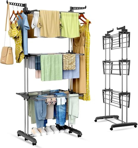 AIBULO 4-Tier Clothes Drying Rack Indoor Outdoor – Foldable Heavy Duty Clothes Airer with Side Wings | Black Adjustable Clothes Horse | Space-Saving Clothes Maiden Drying Rack Stand | Self Assemble