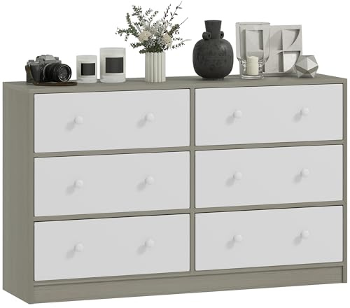 HOMCOM Chest of Drawers, Wide Dresser with 6 Fabric Drawers and Steel Frame for Bedroom, Living Room, Hallway, White and Grey