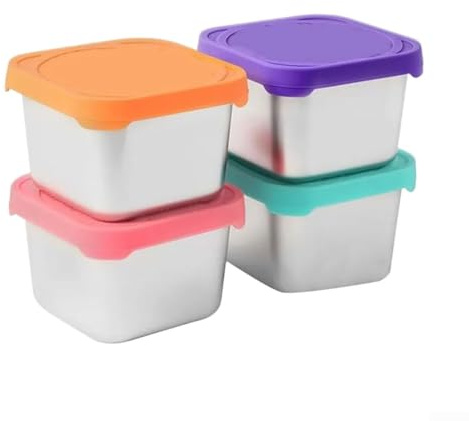 Quadratische Lunchboxen, tragbare Snack-Behälter, 4 Stück, 170 ml, Edelstahl mit buntem Silikon zum Verpacken von Snacks