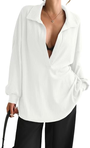 Fisoew Women Oversized Deep V Neck Sweatshirts Casual Collared Long Sleeve Ribbed Knit Pullover Tops White