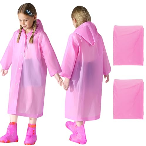 WOHSEROM 2 Pack Rain Ponchos for Kids Reusable,Thickened EVA Travel Raincoat Jacket with Hoods and Sleeves,Lightweight Pink Capes Ponchos for Boys and Girls Spring Outing Outdoor Travel