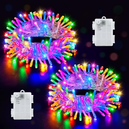 Joolivo Battery Fairy Lights, Total 10m 100LEDs Multicoloured Fairy Lights with 6H Timer, Waterproof String Light for Christmas Tree Bedroom Party Indoor Outdoor Decor, 2 Pack