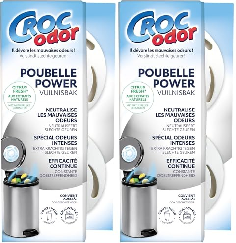 CROC’ODOR – Müllgeruchsabsorber Power Zitrone – Doppelpack – Neutralisiert starke Gerüche – Bis zu 60 Tage Wirkung – Natürliche Inhaltsstoffe – Für Mülleimer, Container & Schränke (Packung mit 2)