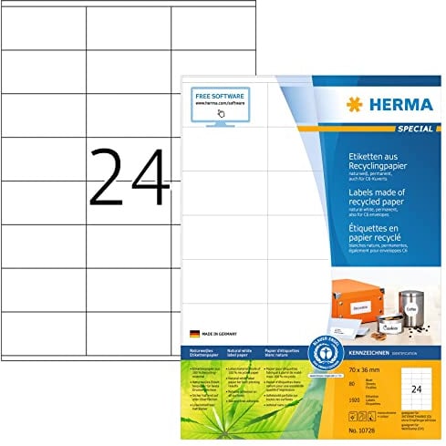 HERMA 10728 Recycling Etiketten, 1120 Blatt, 70 x 36 mm, 24 pro A4 Bogen, 26880 Stück, selbstklebend, bedruckbar, matt, blanko Recycling-Papier Klebeetiketten Aufkleber, natur-weiß