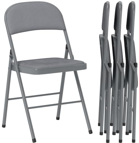 HOMCOM Metal Folding Chairs 4 Pack Velvet-Feel Foldable Cushion Light Grey | Office, Reception, Waiting Room, Party