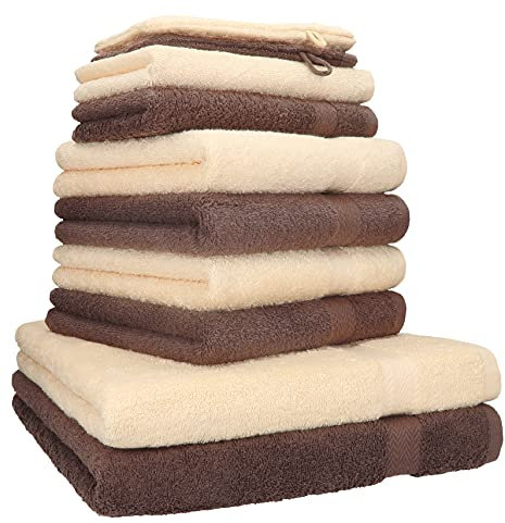 Betz Lot de 10 Serviettes Set de 2 Serviettes de Bain 4 Serviettes de Toilette 2 Serviettes d'invité et 2 Gants de Toilette 100% Coton Premium Couleur Marron Noisette, Beige
