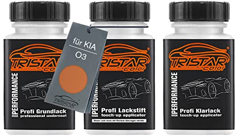 TRISTARcolor Autolack Lackstifte für KIA O3 Orange Metallic + Klarlack | Set aus Grundlack + Basislack + Klarlack, Lackfläschchen mit Pinsel, je 50ml