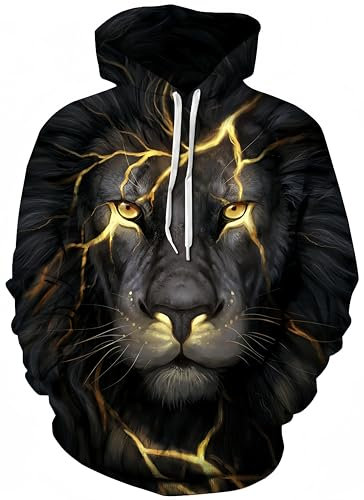 Ocean Plus Herren Kapuzenpullover Lebensecht Grafik Hoodie mit Kängurutasche Pullover mit Kapuze Sweat Hood mit Kordelzug (S/M (Brustumfang: 112-132CM), Blitzlöwe)