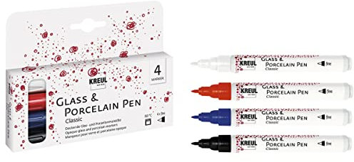 KREUL 16440 - Glass & Porcelain Pen Classic fine, 4 Farben im Set, formstabile Spitze, Strichstärke ca. 1 - 2 mm, deckende Glas- und Porzellanmalfarbe auf Wasserbasis