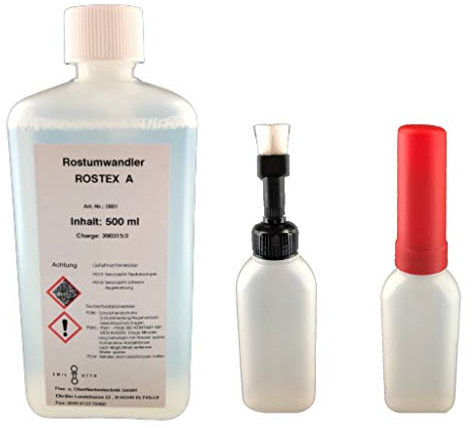 ROSTEX A, Flasche mit 500 ml Inhalt, flüssiger Entroster, Rostumwandler, Rostschutz mit Tiefenwirkung + Pinselflasche mit KISI-Verschluss, 100 ml Fassungsvermögen (unbefüllt)