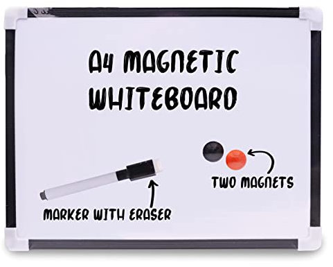 ZYBUX A4 Magnetic Whiteboard with Marker and Eraser, 2 Magnets - Portable Small White Board for Wall, Desk, Home Office, School Kids Drawing - Lightweight, Easy Clean Dry Erase Board - 29.5x22x2cm